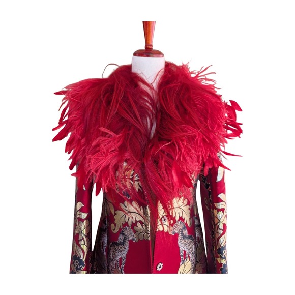NWT Dolce‎ & Gabbana Red Brocade Coat with Feather Collar Made in Italy Size 38 - Picture 4 of 14